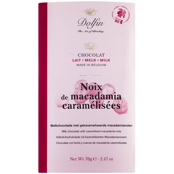 Dolfin Schokolade 38 % mit karamellisierten Macademianüssen, 70g