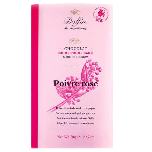 Dolfin Schokolade 60% mit rosa Pfeffer, 70 g
